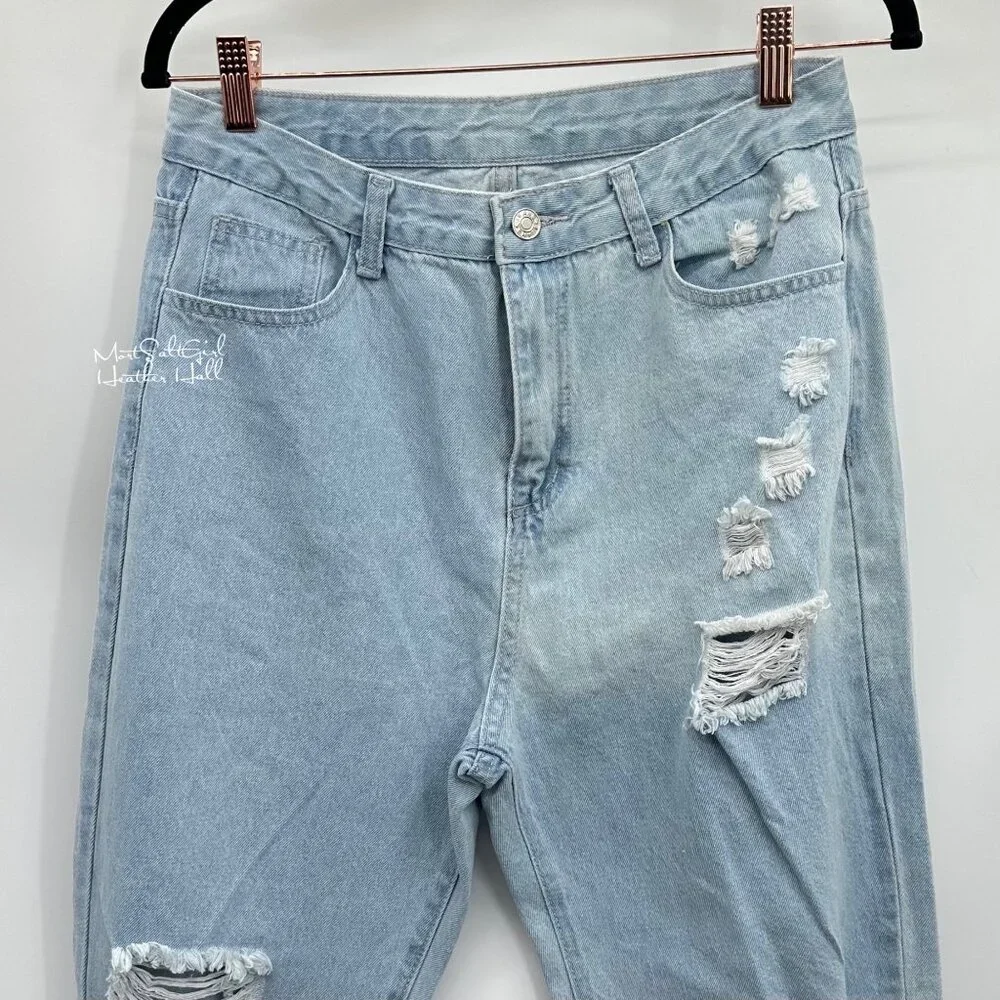Shein Distressed Light Blue Ultra High-Waisted Denim Jeans 6